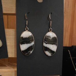 Sterling Silver Black and White Stone Oval Earrings